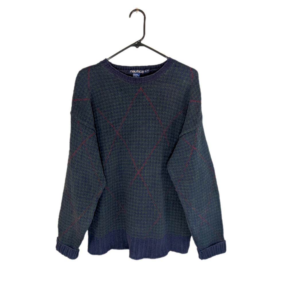 Vintage 90s Grunge/Academia Green/Navy Houndstooth Argyle Oversized Sweater
